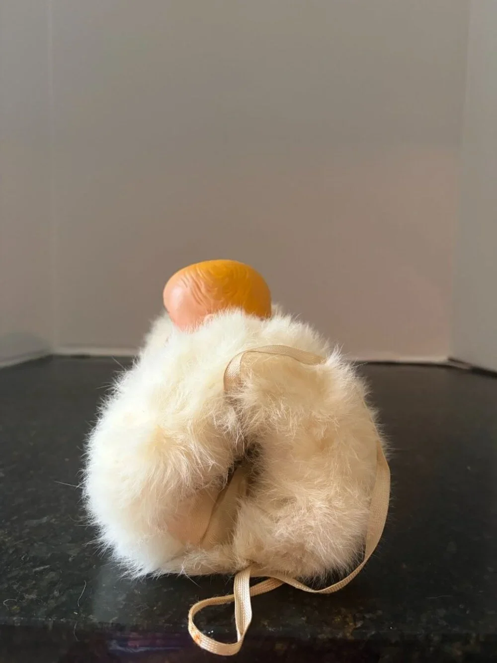 Vintage 1950's Kitschy Molded Rubber Doll Head, Fur Muff